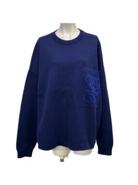 Loewe Long Sleeve Sweater S Anagram Pocket Dark Navy Crew Neck Cotton
